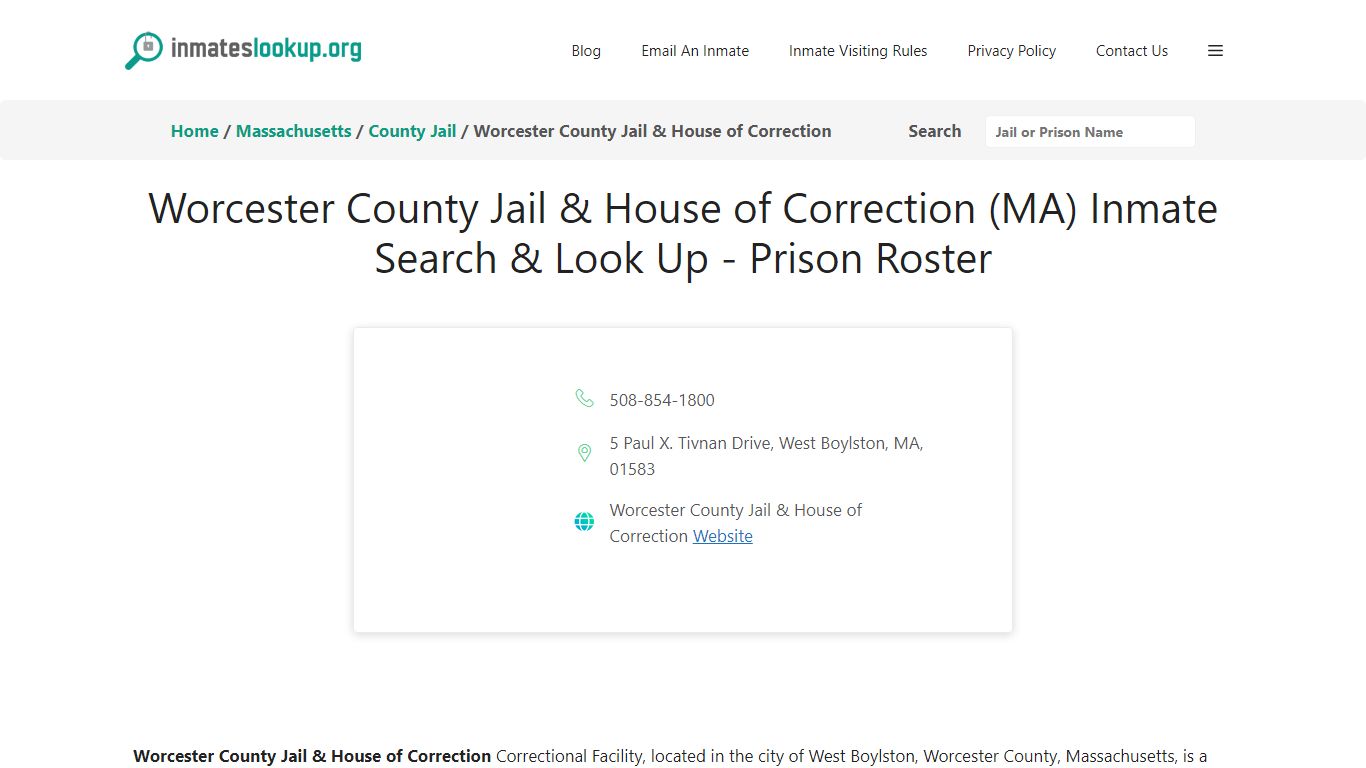 Worcester County Jail & House of Correction (MA) Inmate Search & Look ...